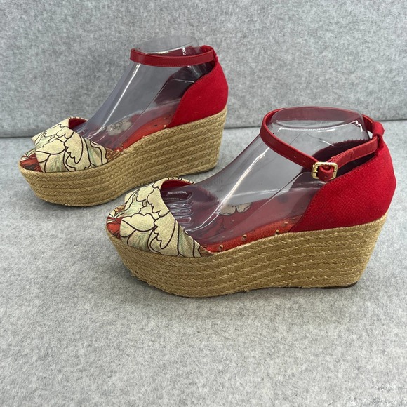 Tory Burch Sherri Floral Platform Espadrille Wedge Sandal - Red/White -Women 9 - Picture 7 of 10